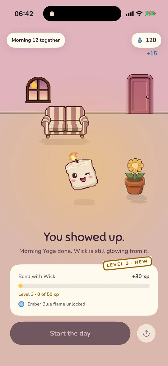 The celebration screen: You showed up, morning count, dewdrops and bond xp, with a Start the day button