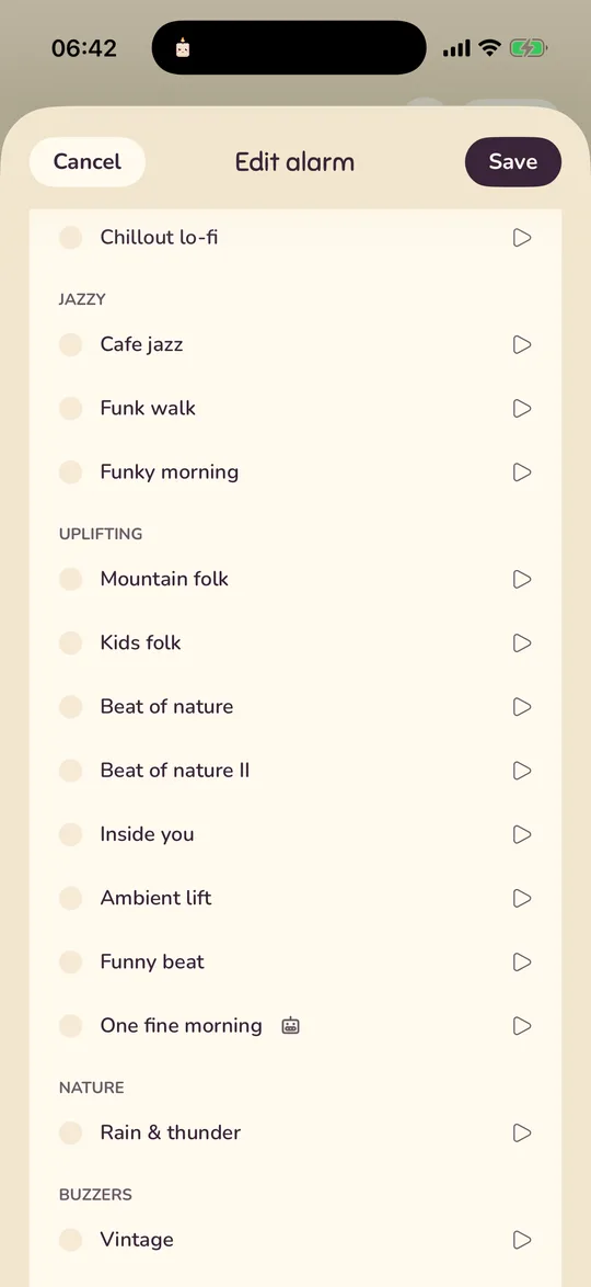 The bottom of the alarm editor with the sound list; the Test section sits below it