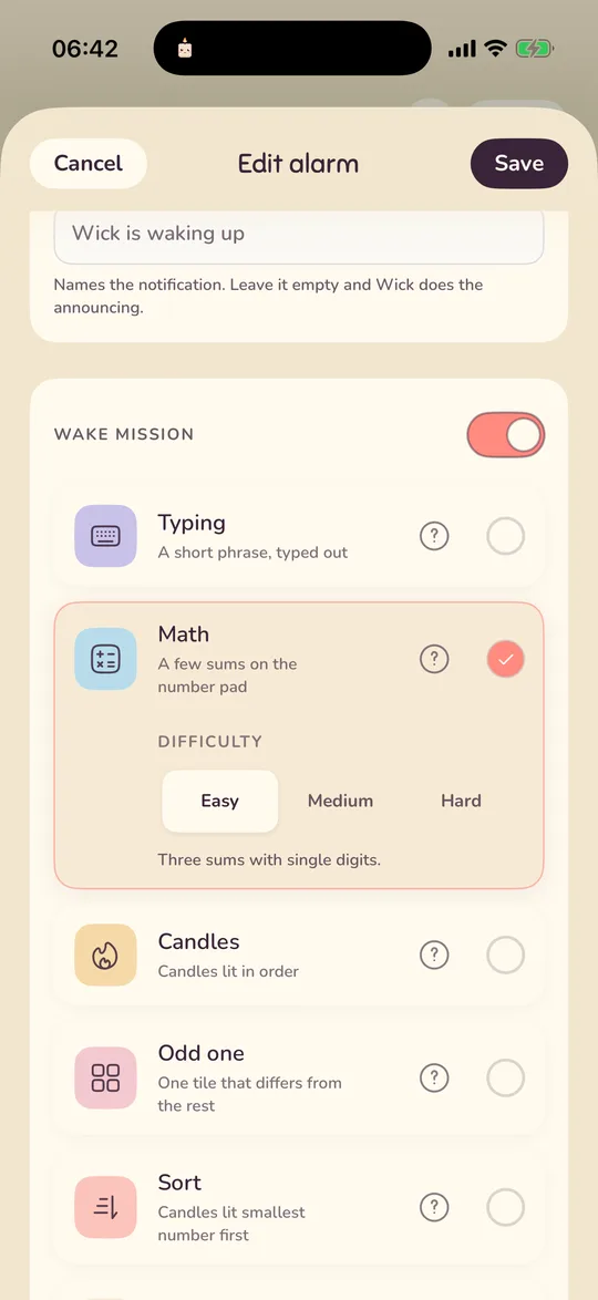 The wake mission section with Math selected on Easy and the other missions listed