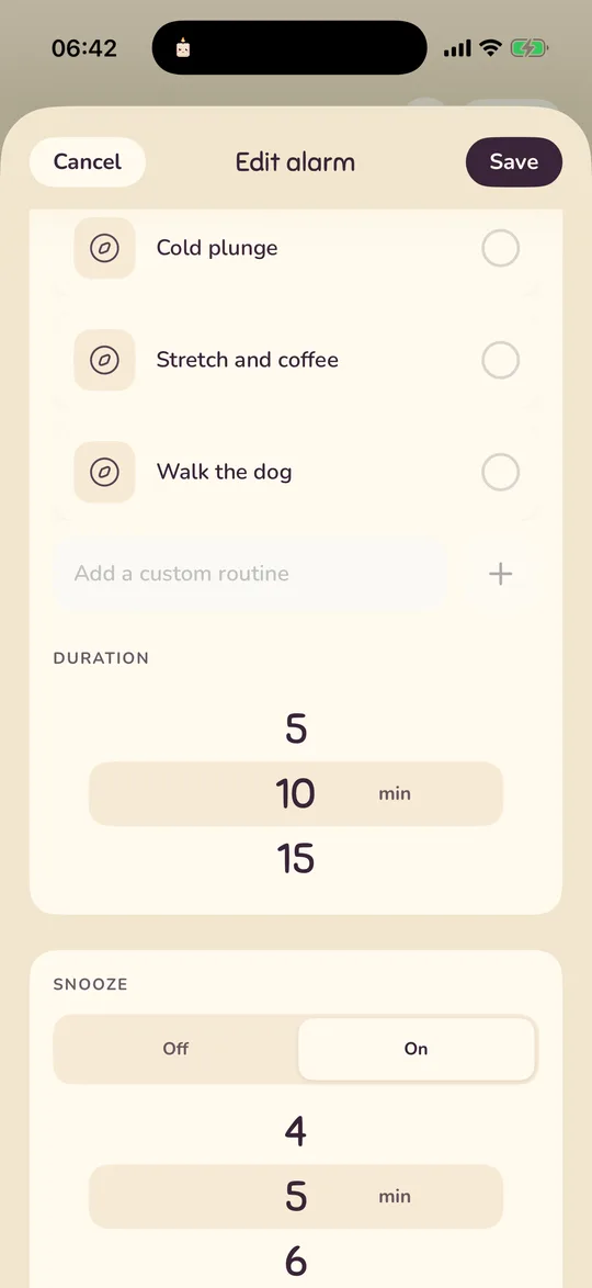 Further down the editor: custom routines, the duration wheel and the snooze section