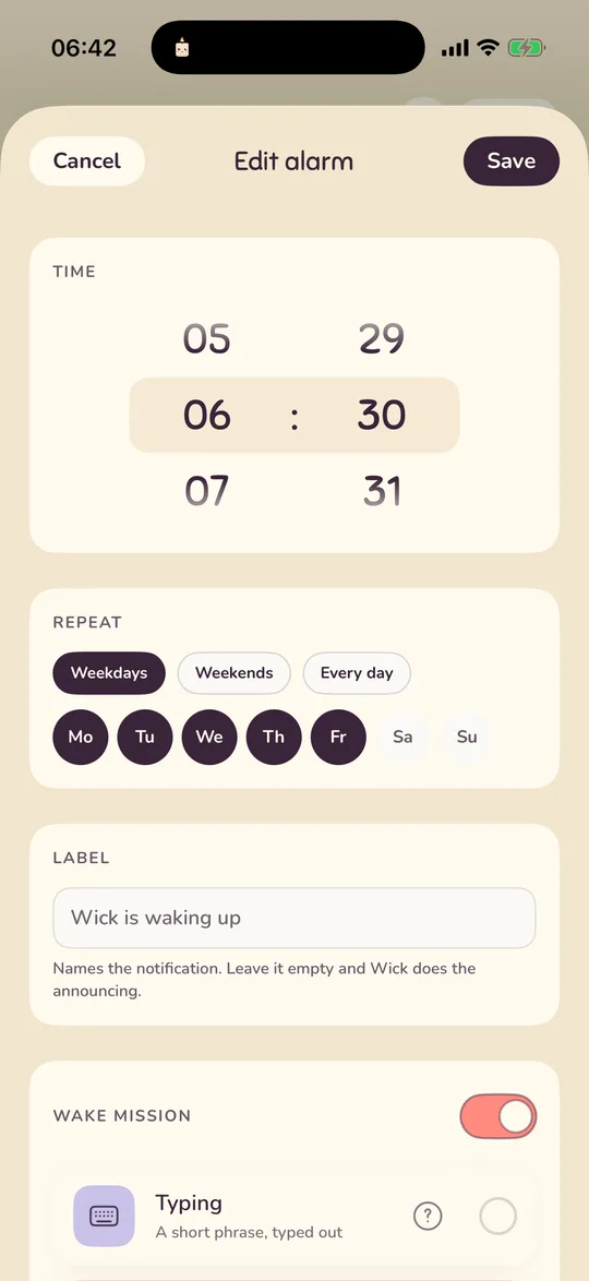 The top of the alarm editor: time wheel, repeat chips, label and the wake mission switch