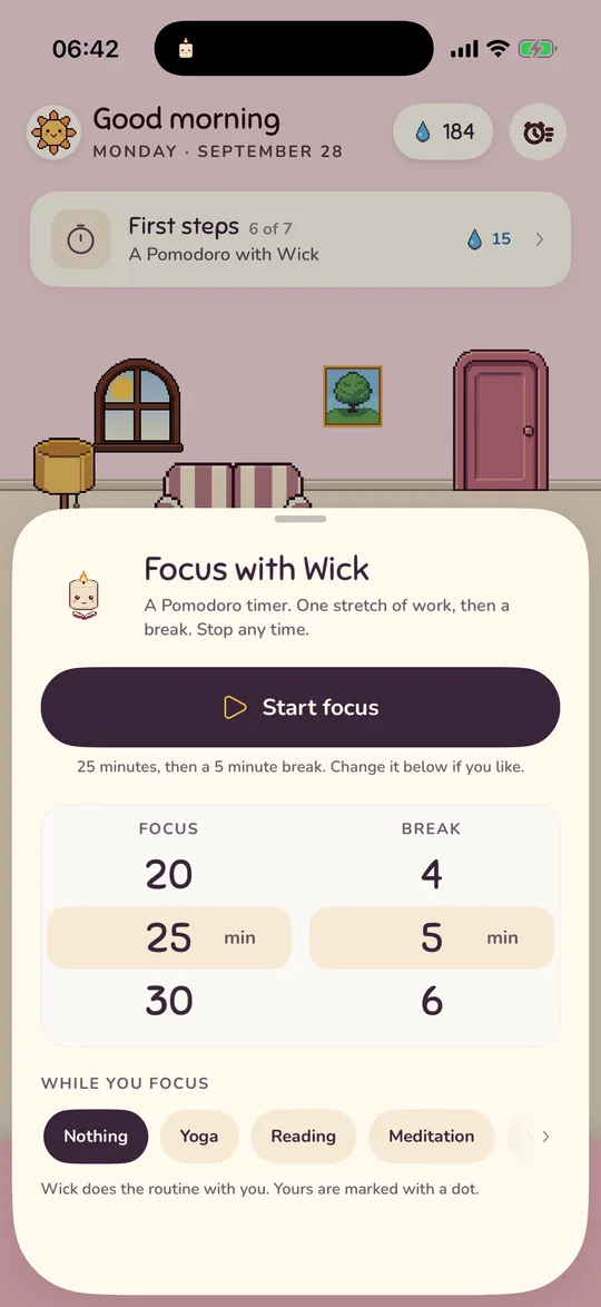 Der Dialog Focus with Wick: Start focus, ein Rad mit 25 und 5 Minuten und Routine-Chips