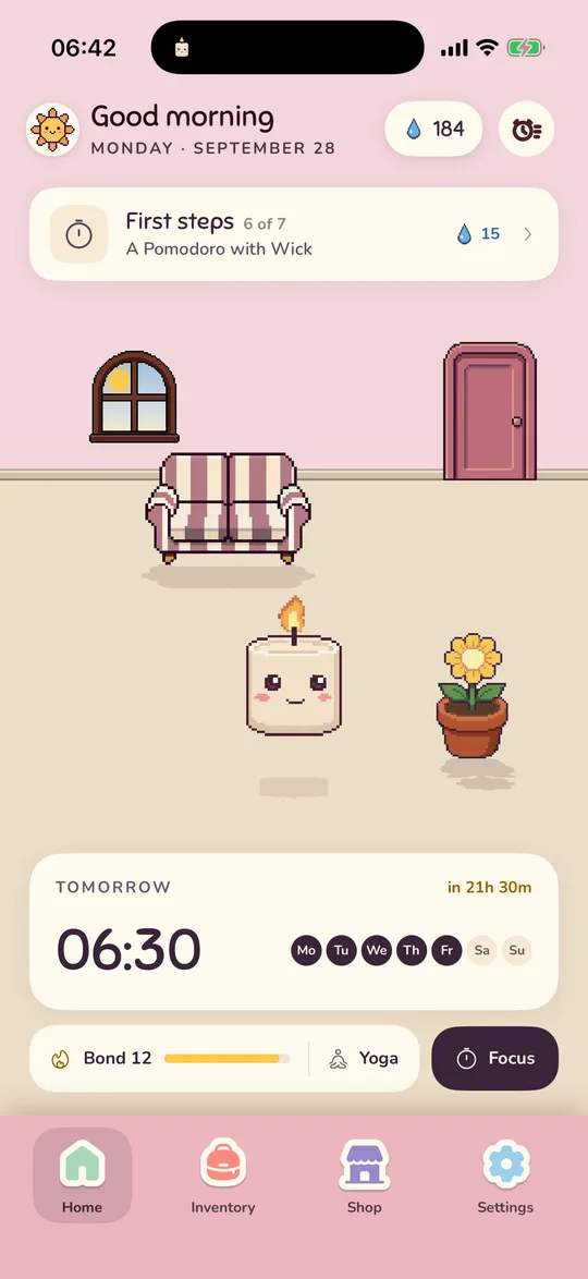 The home screen in the morning with the First steps card above the room