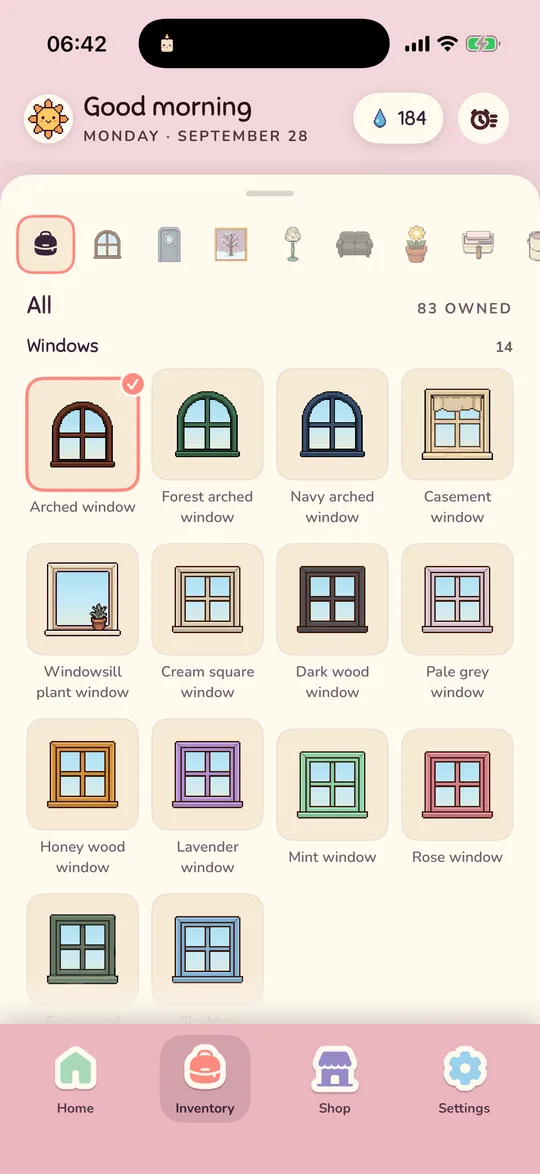 The chest pulled up to a full grid of owned windows, with the equipped one marked