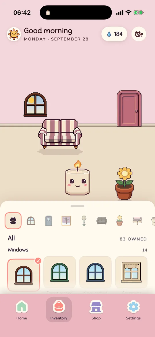 The Inventory tab: the room with the chest sheet half open, showing category icons and the first row of windows
