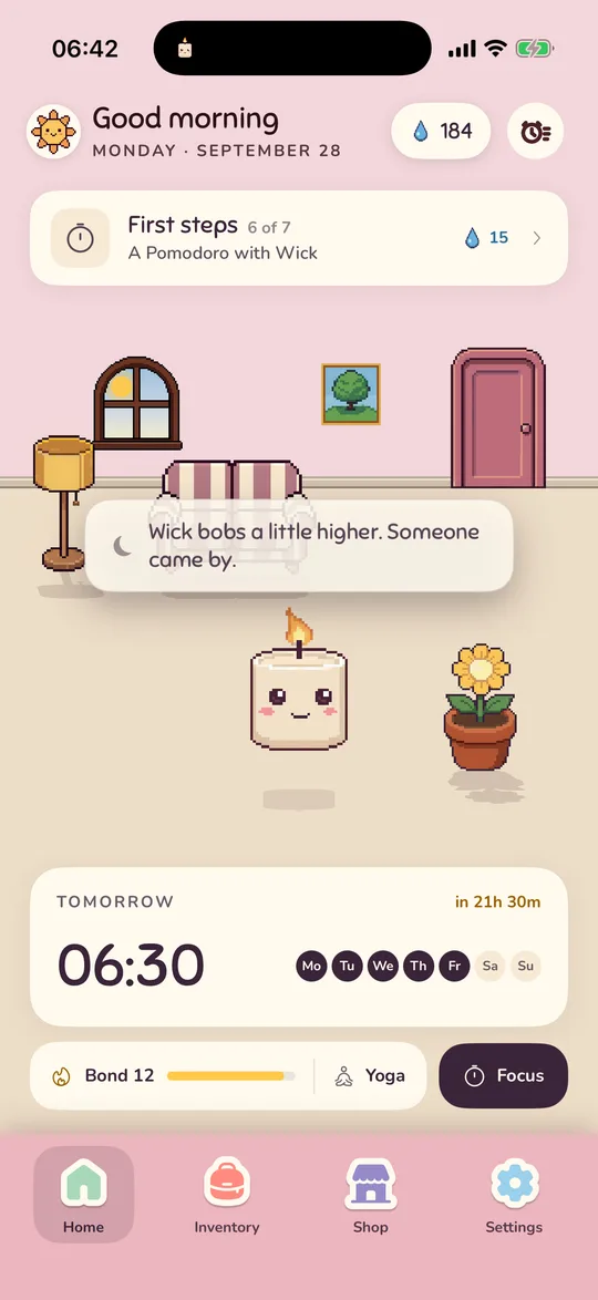 The home screen with a narrator caption over the room: Wick bobs a little higher. Someone came by.