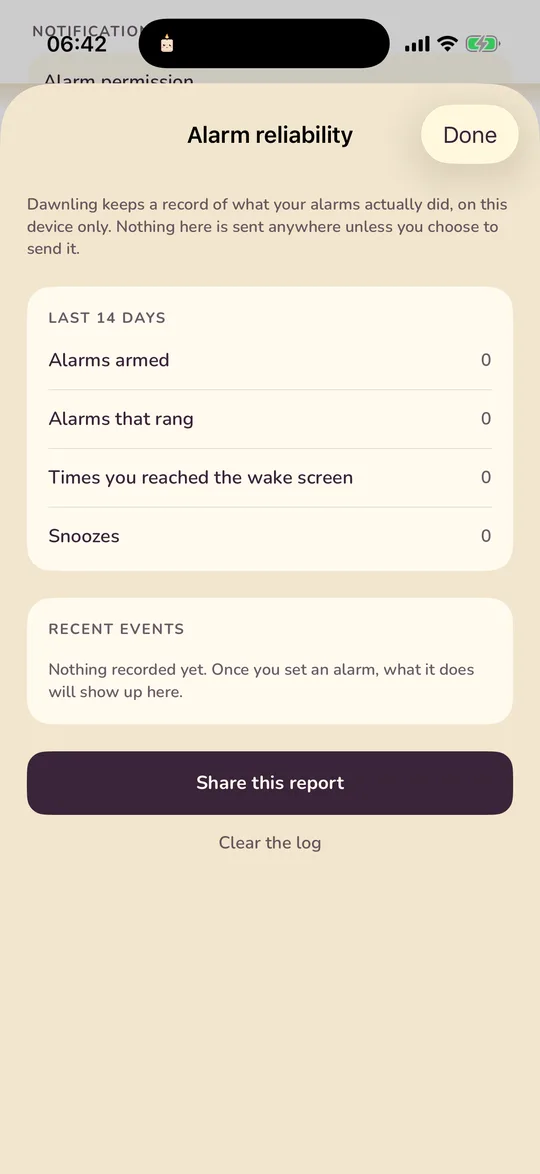 The Alarm reliability screen with the last-14-days counts and the recent events list
