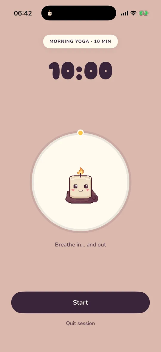 A yoga routine session with a ten-minute ring timer and Wick in the middle