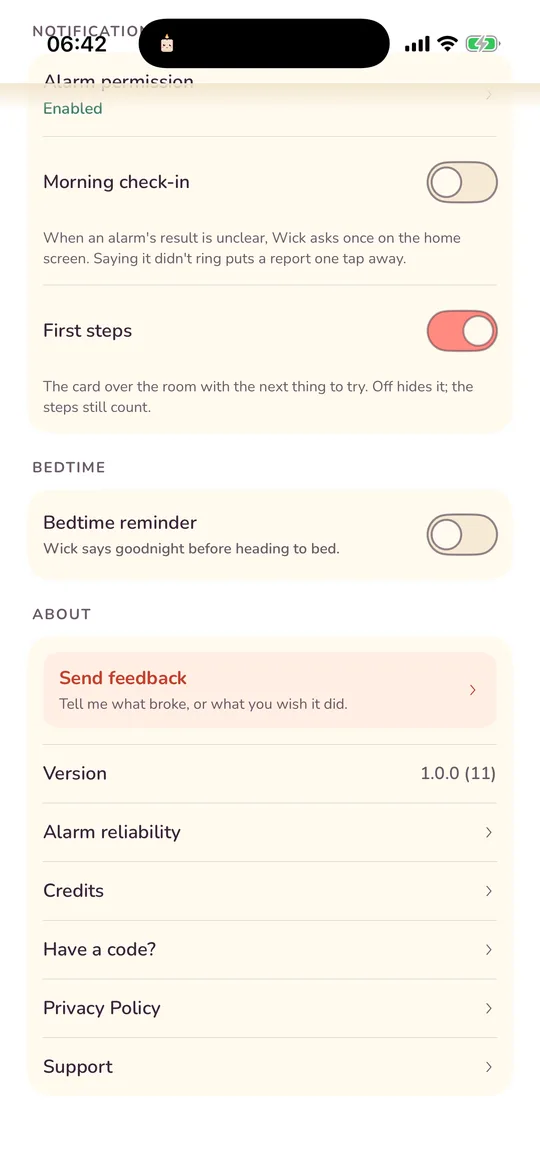 The rest of Settings: Morning check-in, First steps, Bedtime reminder and the About list
