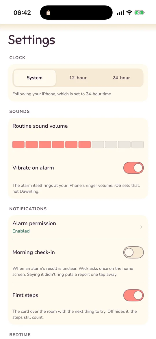 The top of Settings: Clock format, Sounds and the start of Notifications