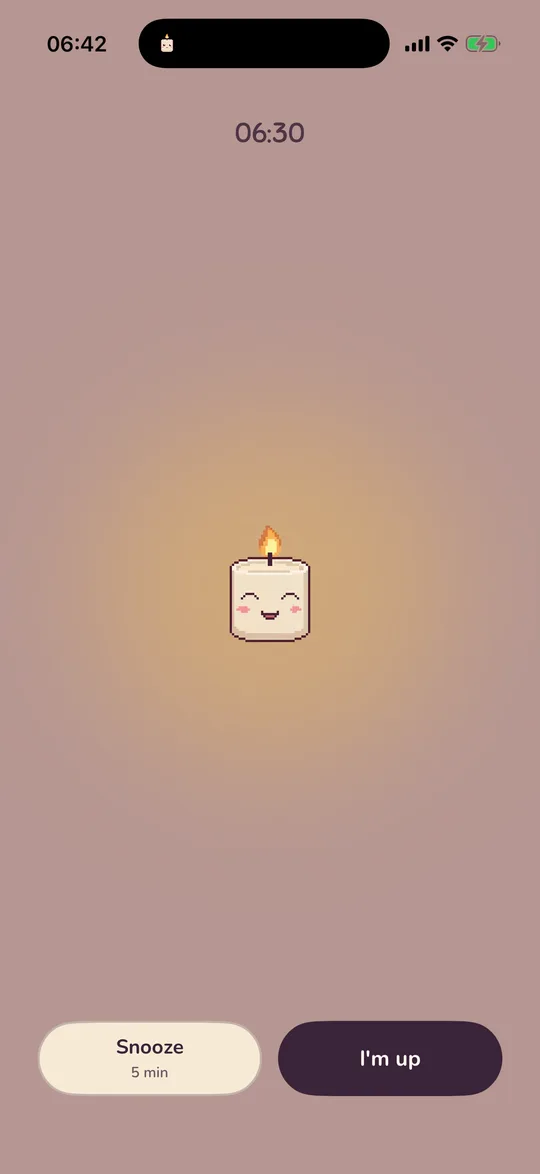 The wake screen with no mission, showing 06:30, Wick glowing, Snooze and the hold-to-wake button