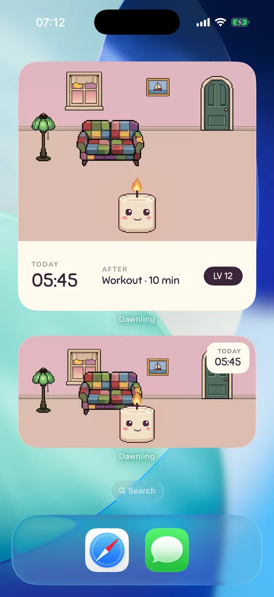 Dawnling-Widgets auf einem iPhone-Home-Bildschirm mit dem Zimmer und dem nächsten Wecker